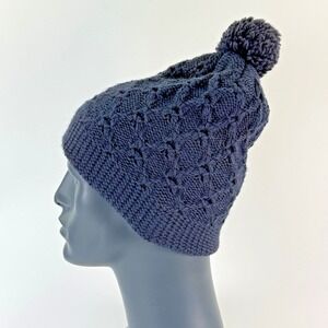 Vintage Wigwam Wool Beanie Hat Cap Womens Blue Cable Knit Pom USA